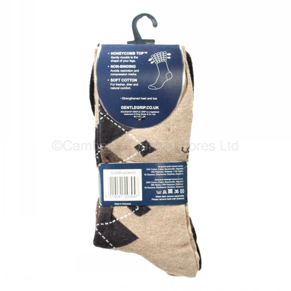 Sock Shop Men's Gentle Grip Socks 3 Pair Pack Argyle Cambers Country